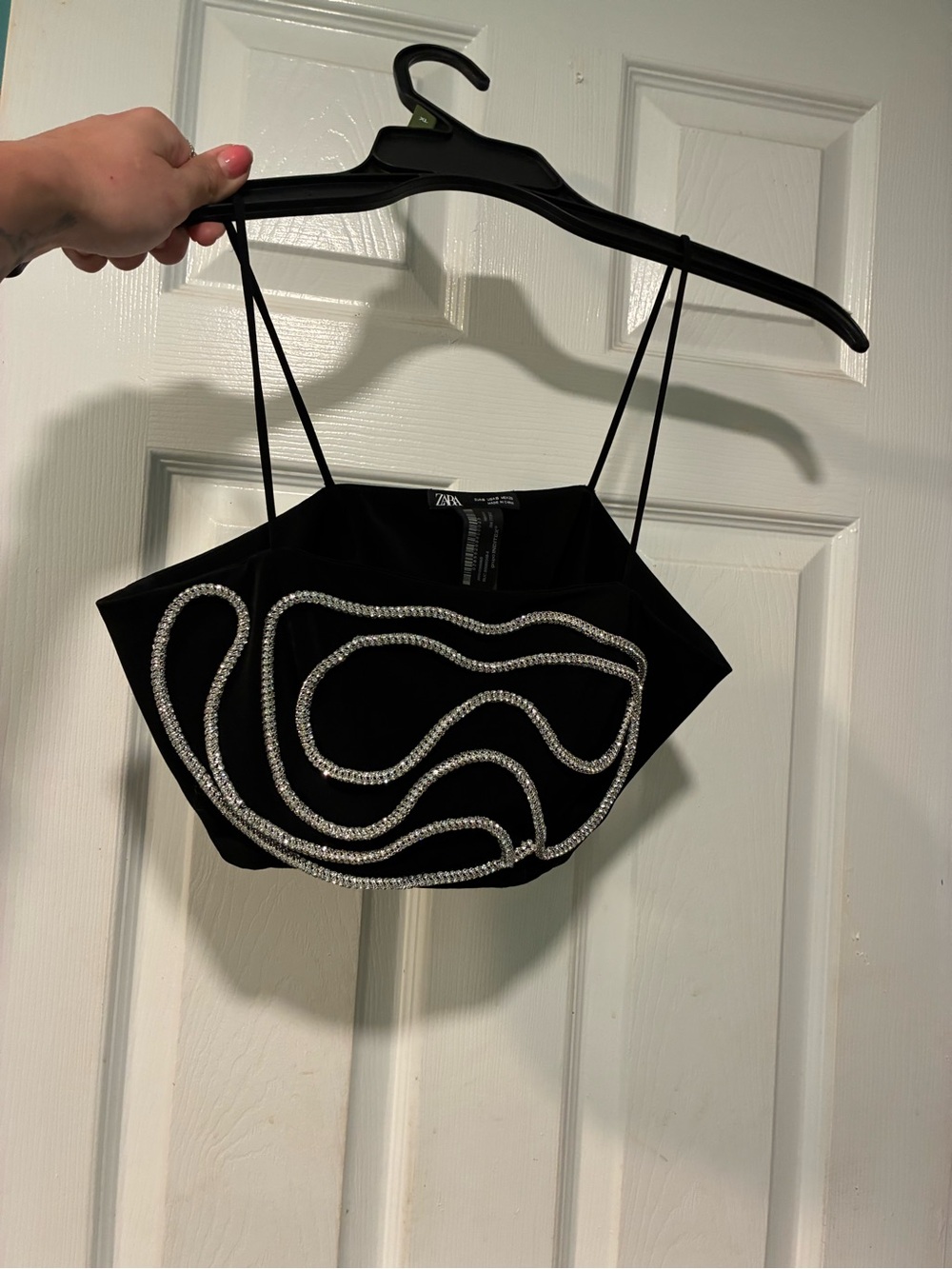 Zara Beautiful Black Beaded Spaghetti-Strap Crop Cami